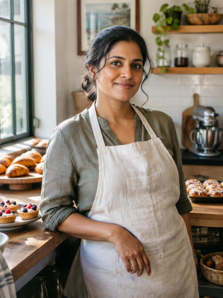 Fictional Indian artisan baker in a warm Kochi bakery
